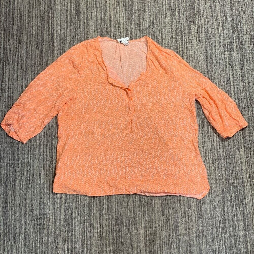 Stylus Women's XL Orange White‎ 3/4 Sleeve Blouse Top Casual V Neck Lightweight